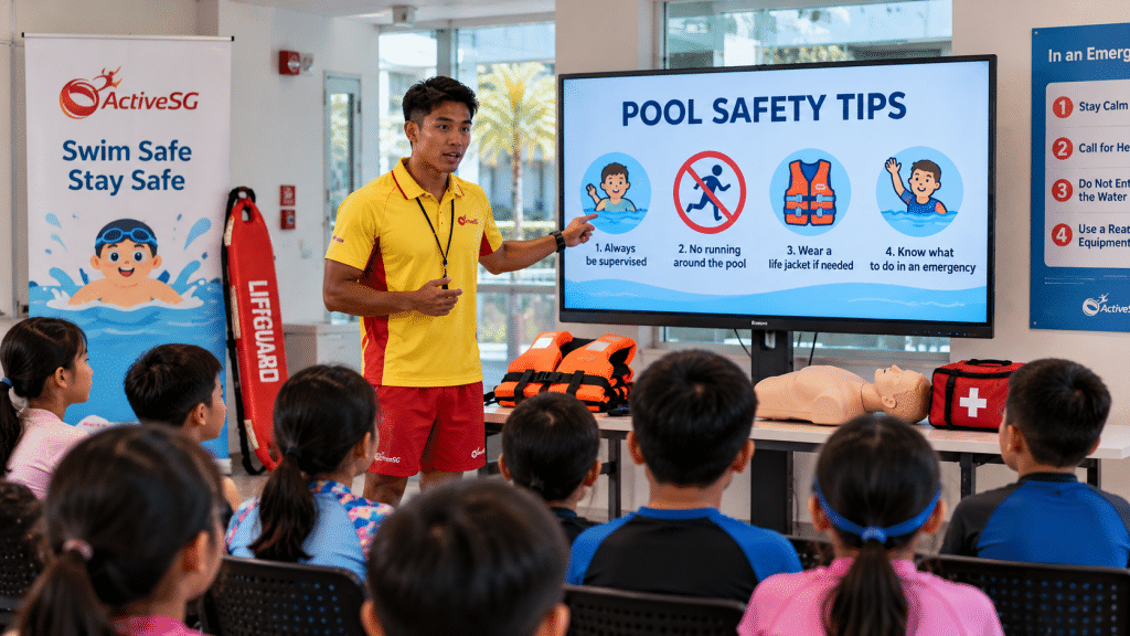 lifeguard giving pool safety lessons to children