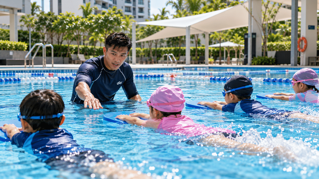 swim coach teaching swimming in private estate pool in singapore